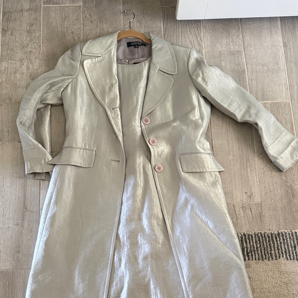 Kasper Shimmering Silver Trench Coat with sheath dress